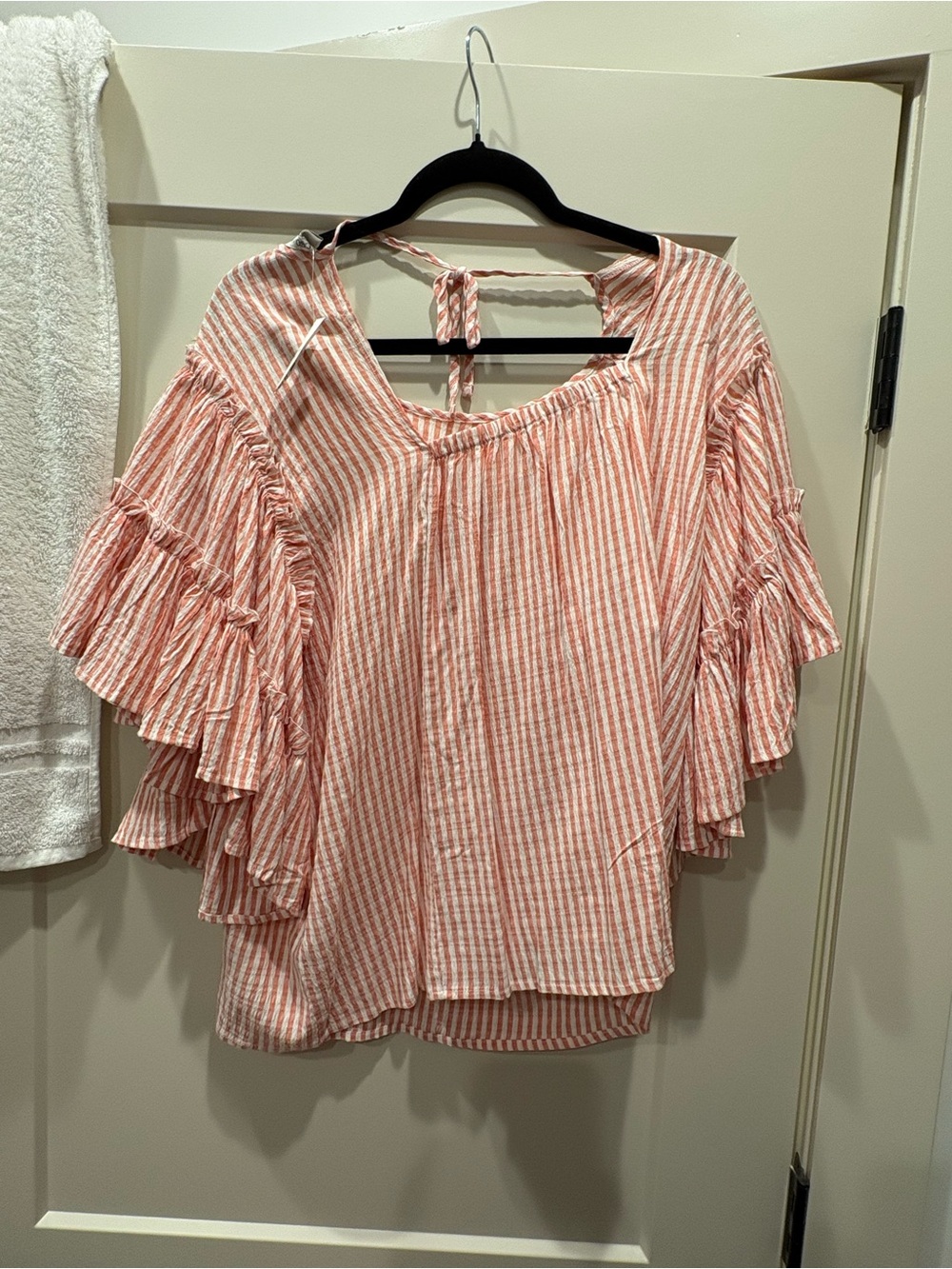 Cato Pink & White Striped Ruffle Sleeve Blouse